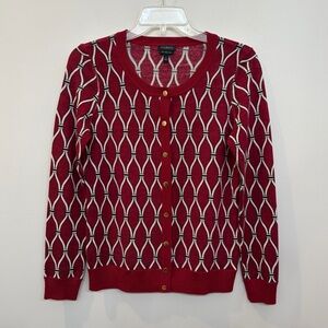 Talbots Womens Size S Merino Wool Red Geometric Pattern Cardigan Button Sweater
